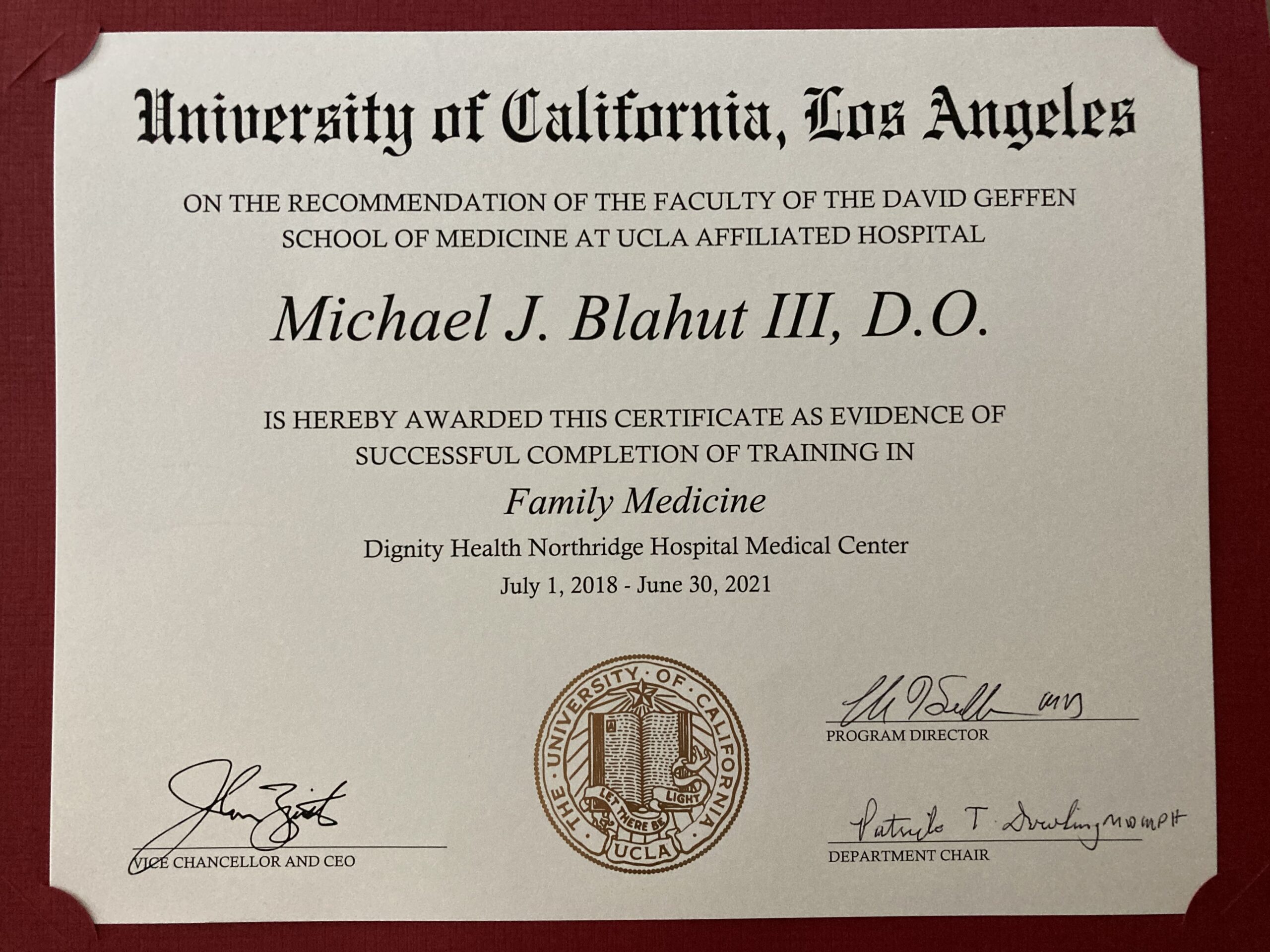 Residency certificate UCLA UCLA Family Medicine Residency Certificate Michael Blahut