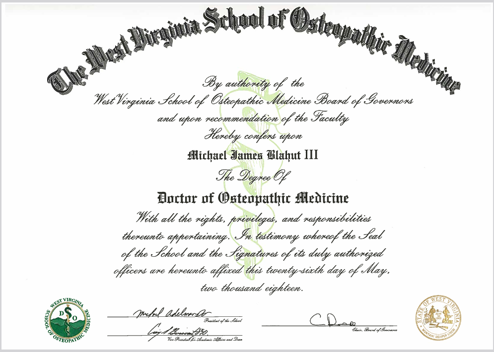 WVSOM Diploma MB West Virginia School of Osteopathic Medicine Diploma for Michael Blahut, DO